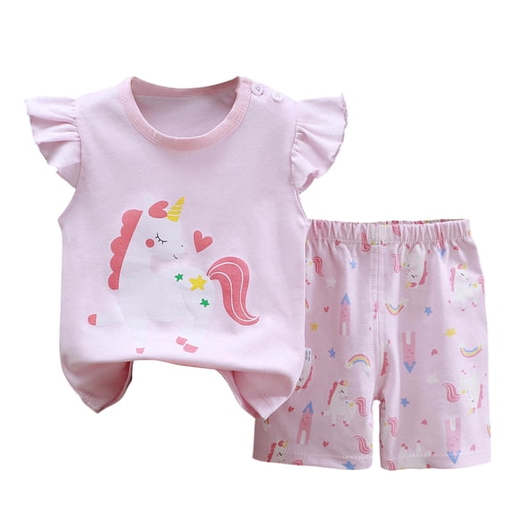Girl Summer Cotton Comfortable And Breathable Set Cute Cartoon Printed Flying Sleeve Top Shorts 2 Piece Set