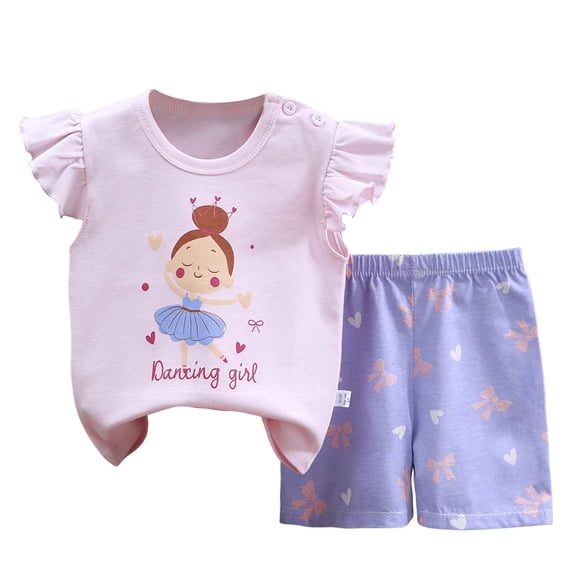 Girl Summer Cotton Comfortable And Breathable Set Cute Cartoon Printed Flying Sleeve Top Shorts 2 Piece Set