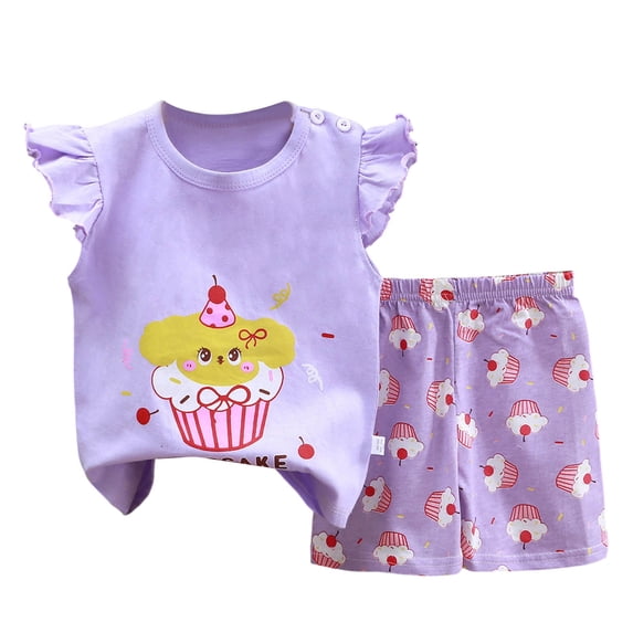 Girl Summer Cotton Comfortable And Breathable Set Cute Cartoon Printed Flying Sleeve Top Shorts 2 Piece Set