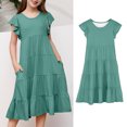 thumbnail image 1 of Girl Summer Dress Ruffle Sleeve Girls Casual Dresses Tiered Sun Dresses with Pockets Girl Dresses Size 6-7 Years, 1 of 6