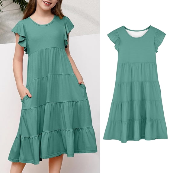 Girl Summer Dress Ruffle Sleeve Girls Casual Dresses Tiered Sun Dresses with Pockets Girl Dresses Size 6-7 Years