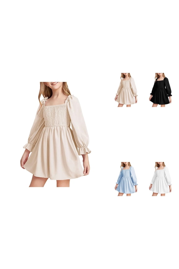 Girl Summer Dress: Square Neck Long Lantern Sleeves, Ruffled A-Line Mini Skirt, High Waist Smocked Backless Party Dress for Kids