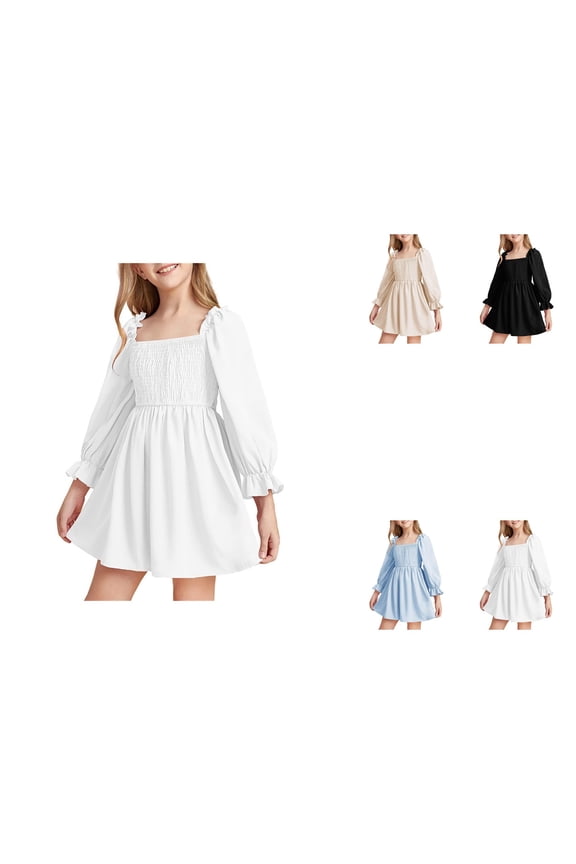Girl Summer Dress: Square Neck Long Lantern Sleeves, Ruffled A-Line Mini Skirt, High Waist Smocked Backless Party Dress for Kids