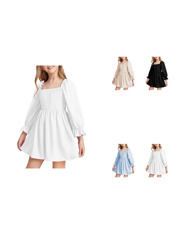 Girl Summer Dress: Square Neck Long Lantern Sleeves, Ruffled A-Line Mini Skirt, High Waist Smocked Backless Party Dress for Kids