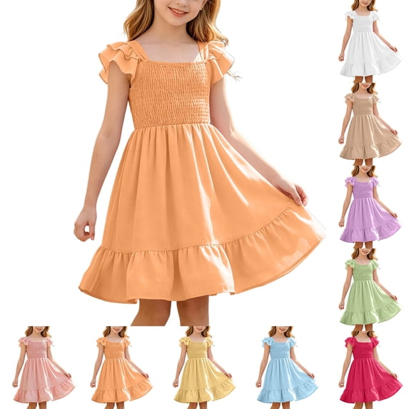Girl Summer Dresses Ruffle Sleeve Smocked Dresses Flowy Swing Orange Girls Dress Girls Formal Dresses, Szie 5-14