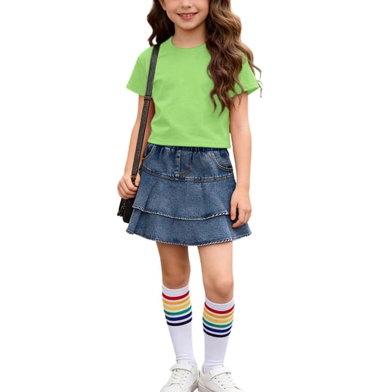 Girl Summer Outfit 3 Pieces Ruffle Denim Skirt Short Sleeve T-Shirt Tops and Socks Set Kids Clothing Outfits for Age 3-12 Years Old