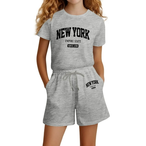 Girl Summer Outfits Letter Print Short Sleeve T-Shirt Tops and Shorts Girl 2 Piece Outfits Girl Outfits 11-12 Years Girls Fashion
