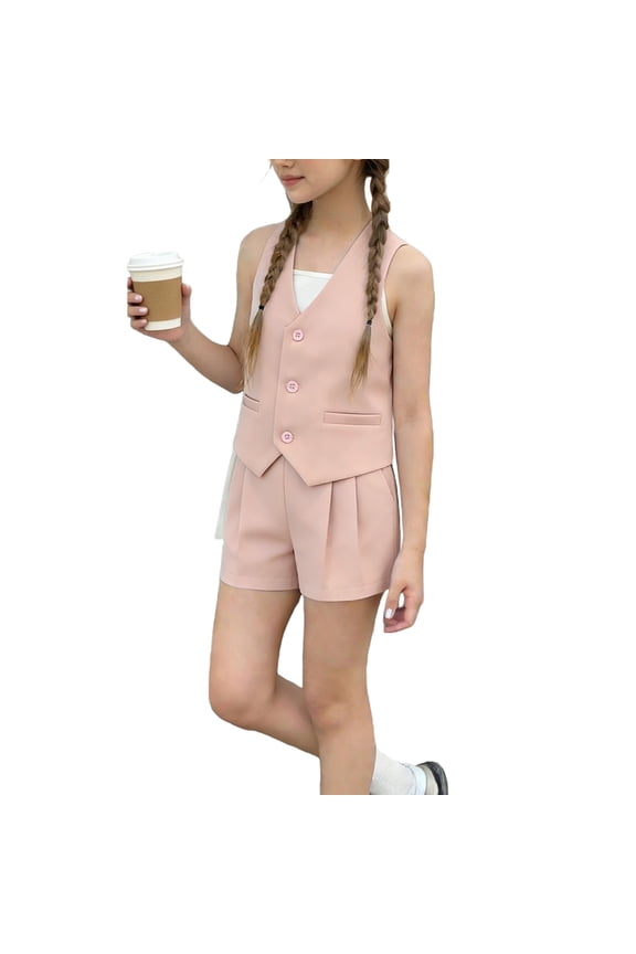 Girl Summer Outfits, Women Buttons Vest Crop, Vintage Sleeveless V Neck Elastic Chiffon Waistcoat and Shorts 2 Piece Set