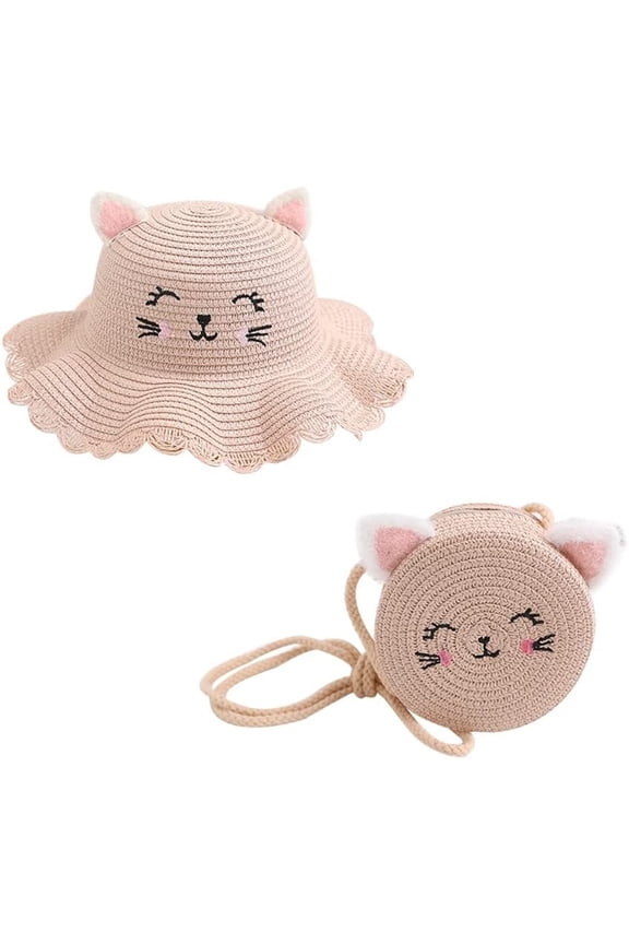 Girl Summer Wide Brim Floppy Beach Sun Hat Cute Straw Hat Woven Pocket with  Ears Suit for Outdoor Activities