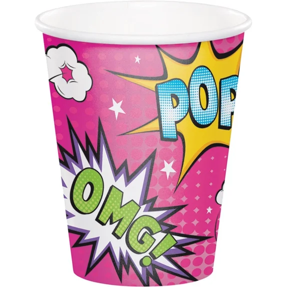 Girl Superhero Comic Book Hero Pink Purple Birthday Party 9 Oz. Paper Cups