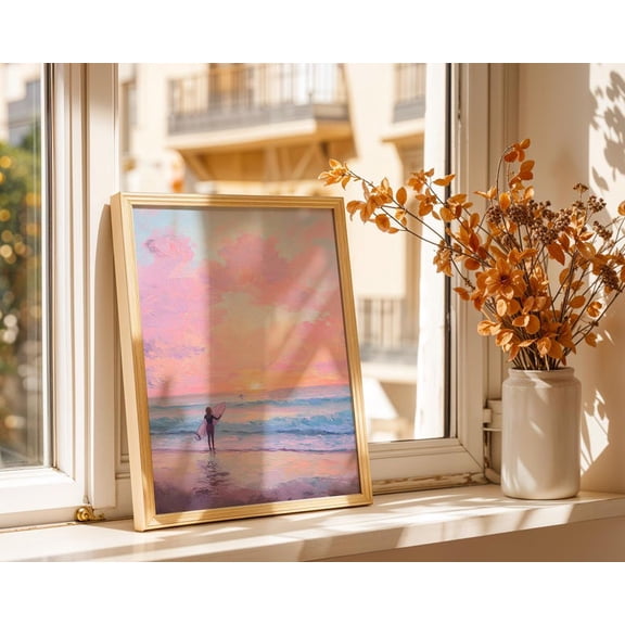 Girl Surfer Wall Decor Summer Ocean Beach View Retro Colorful Pink Beach House Art, Stretched Canvas 16x20in