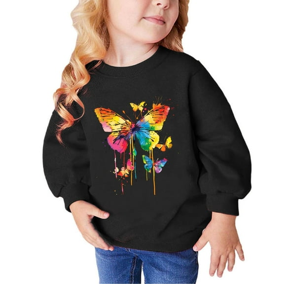 Girl Sweatshirt Toddler 4T Butterfly Print Long Sleeve Cute Sweatshirts Crew Neck 2-9y Little Girl Tops, Black, 2 Years