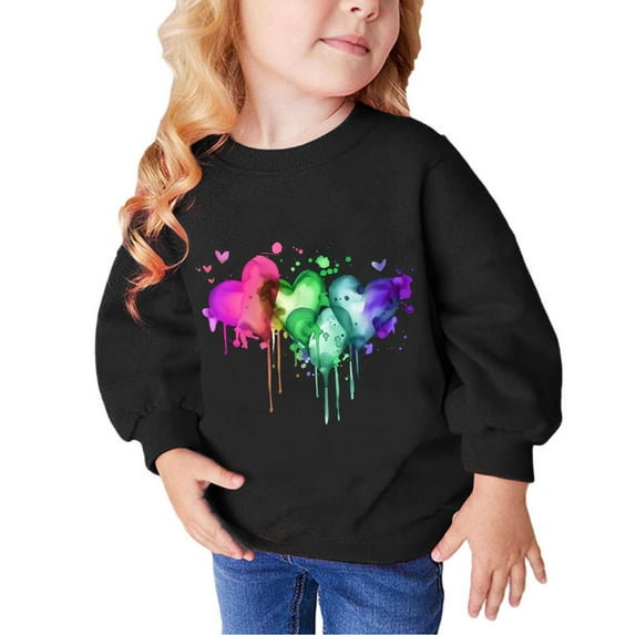 Girl Sweatshirt Toddler 4T Heart Print Long Sleeve Cute Sweatshirts Crew Neck 2-9y Little Girl Tops, Black, 9 Years