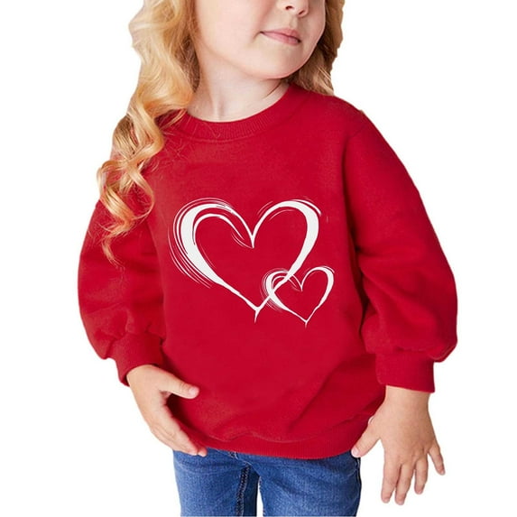 Girl Sweatshirt Toddler 4T Heart Print Long Sleeve Cute Sweatshirts Crew Neck 2-9y Little Girl Tops, Red, 5 Years