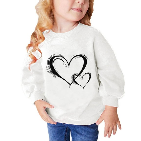 Girl Sweatshirt Toddler 4T Heart Print Long Sleeve Cute Sweatshirts Crew Neck 2-9y Little Girl Tops, White, 7 Years