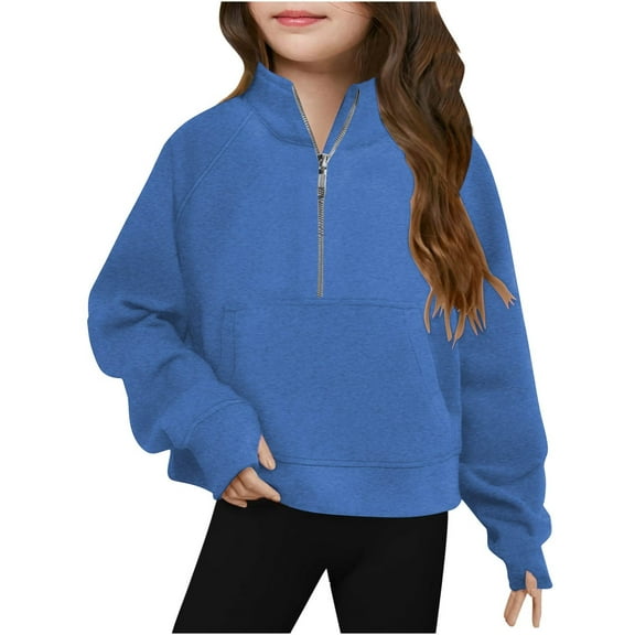 Girl Sweatshirt with Thumb Holes Half Zip Pullover for Girls Long Sleeve with Pocket Cotton Fleece Sweatshirts, 13-14 Years Blue