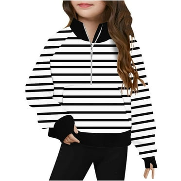 Girl Sweatshirts Clearance,Kids Fleece Striped Sweatshirts Middle Big Girls Half Zip V Neck Sweatshirt Turndown Striped Long Sleeve Pullover Tops Winter Solid Warm Jumpers Sweatshirt for 5-14 Years