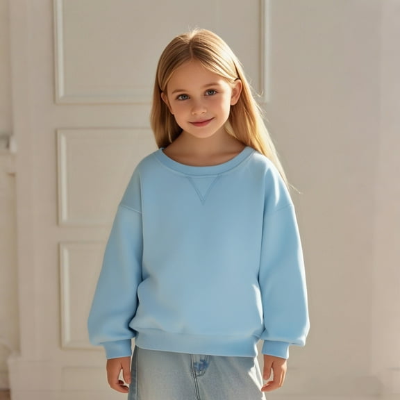Girl Sweatshirts Long Sleeve Blue Sweatshirt Kids Crew Neck Cute Pullover Relaxed Fit Tops Fall Winter Clothes Sweat Shirts for Girls 5-6 Years