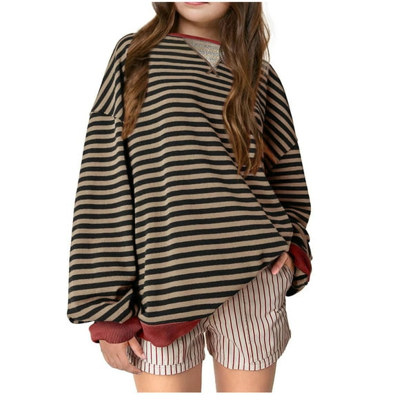 Girl Sweatshirts Pullover New Girls Striped Oversized Sweatshirt Color Block Crew Neck Long Sleeve Shirt Casual Loose Pullover Tops Brown 130