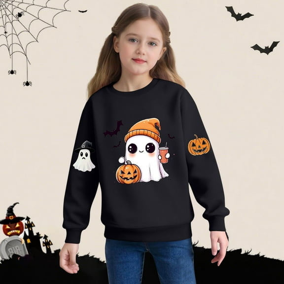 Girl Sweatshirts Pullover New Halloween Sweatshirts for Kids Girls Boys Cute Ghost Graphic Crewneck Shirts Oversized Long Sleeve Pullover Tops Black 2 Y
