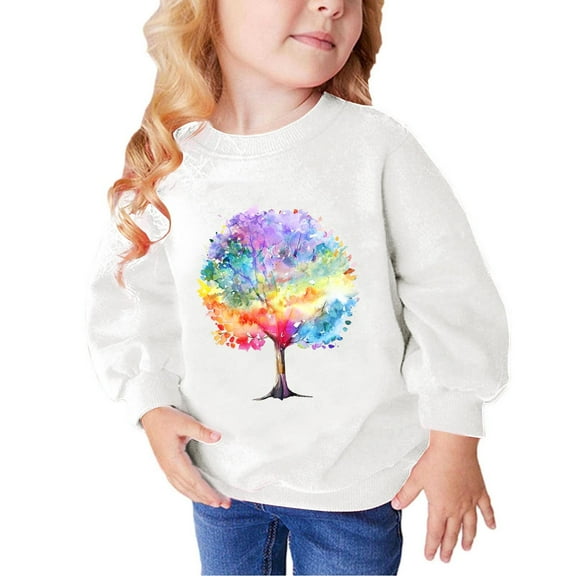 Girl Sweatshirts for 7 Years Old Girl Print Long Sleeve Cotton Sweatshirts Cozy 2-9y Little Girl Cute Tops, White, 7 Years