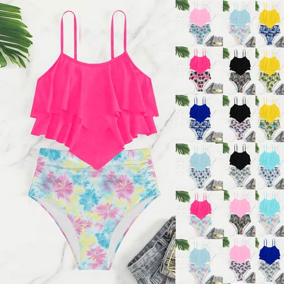 Girl Swimsuit 2 Piece Bikini Set Tiered Ruffled Bathing Suit Adjustable Straps Summer Girls Swimwear 5-14 Years Swimsuit Girls Two Piece