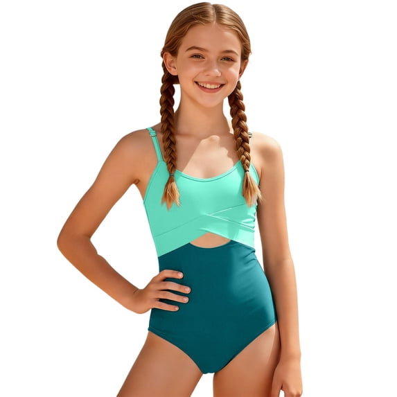 Girl Swimsuit One Piece Cutout Ruched Bathing Suit for Girls Color Block Adjustable Straps Pad Swimwear 7-16y(Mint Green,11)
