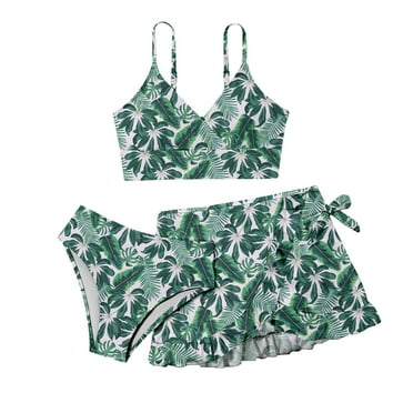 Girl Swimsuit Size 10-12 Tropical Print Beach Swimsuit Cute Bikini Set with Skirt Kids Swimwear,Multicolour,11-12 Years