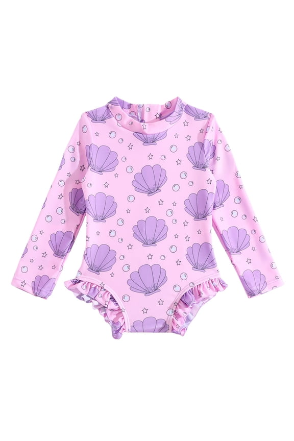 Girl Swimsuit Summer Back Zipper Long Sleeve Ruffles Full Cover Shells Print Onesie Swimsuits Bathing Suits Girls Purple 18-24 Months