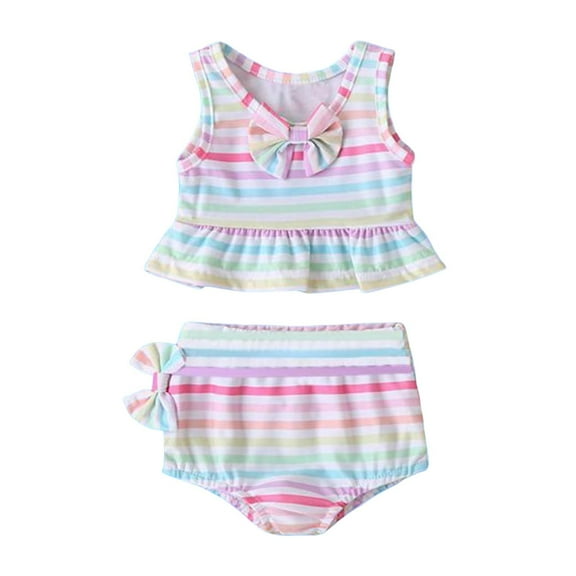 Girl Swimsuit Summer Ruffles Rainbow Stripe Print Bowknot Vest Tops Shorts Split Swimsuits Toddler Bathing Suit Girl Pink 3-4Y