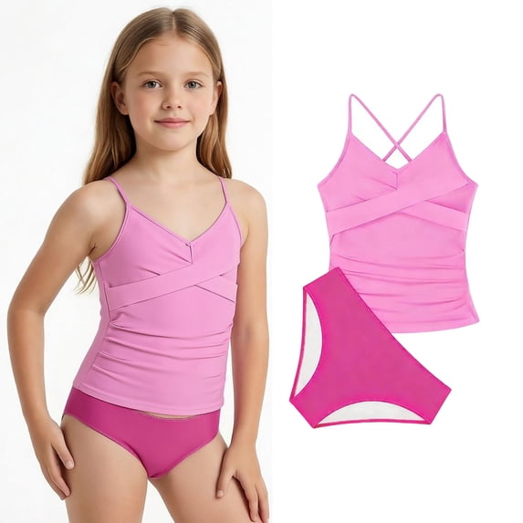 Girl Swimsuit Tankini 2 Piece Swim Suits with Chest Pad Swim Suit for Girls 15-16 Years