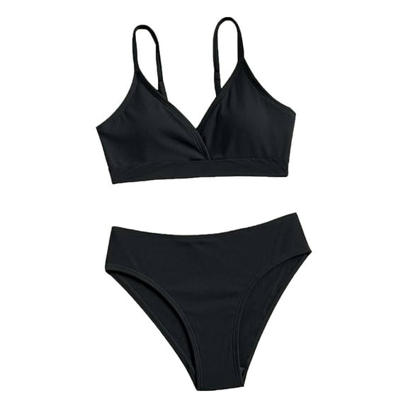 Girl Swimsuit Toddler 2 Piece Sport Solid High Waist Bikini Set Solid Strap Swimwear Black Bathing Suit For Little Girls 8-10T
