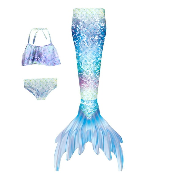 Girl Swimsuit Toddler 3 Pieces Criss-Cross Strap Swimwear Shorts Stage Show Gradient Fish Tail Outfits Blue Summer Beach Bathing Suit 3-4T