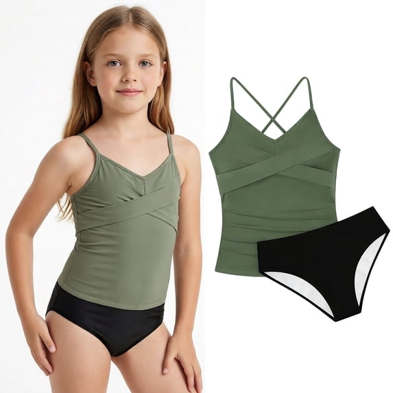 Girl Swimsuit Two Piece Tankini Girl Bathing Suit with Chest Pad Girls Swim Suits 10-11 Years