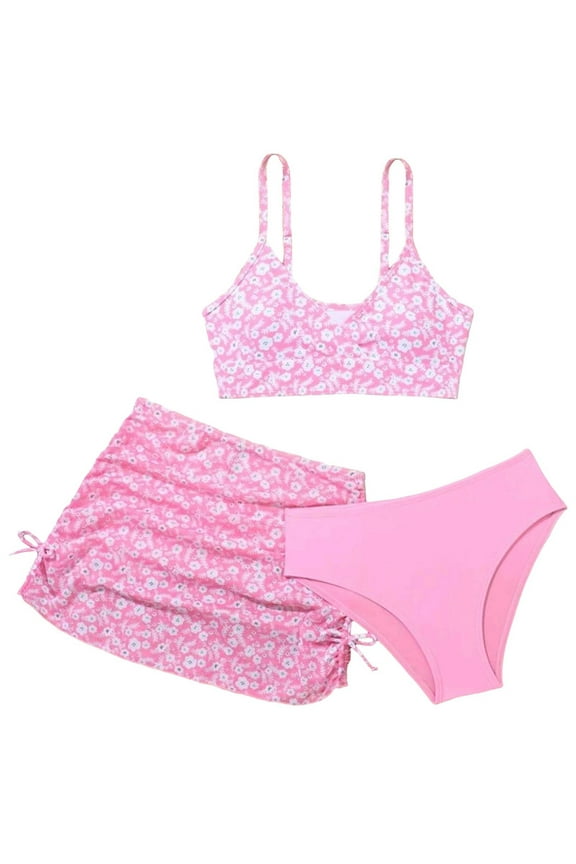 Girl Swimsuits 4-16 Girl's Solid Color Bikini Casual Printed Split Bikini Children's Swimsuit Beach Vacation Clothes