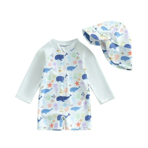 Girl Swimsuits Boys Swimwear With Matching Hat Full Print Rash Guard Sun Swim For Toddler Kids