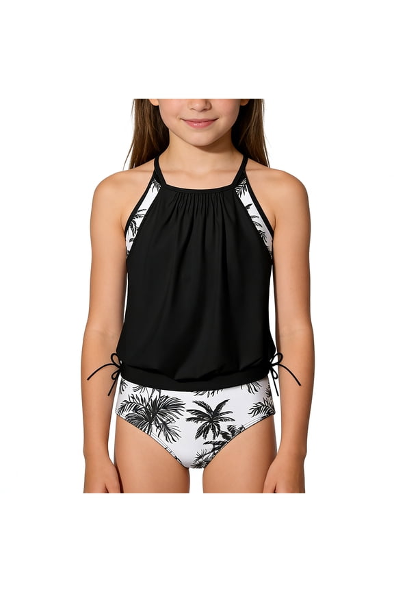 Girl Swimsuits Girls Tankini Swimsuit Double Layer Bathing Floral&Tropical Print Swimwear Two Piece Girls Swimsuits Size 6 14