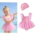 thumbnail image 1 of Girl Swimsuits Quick Dry Skirted 1 Piece Swimsuits with Hat Girls Swimwear 3-4 Years, 1 of 4