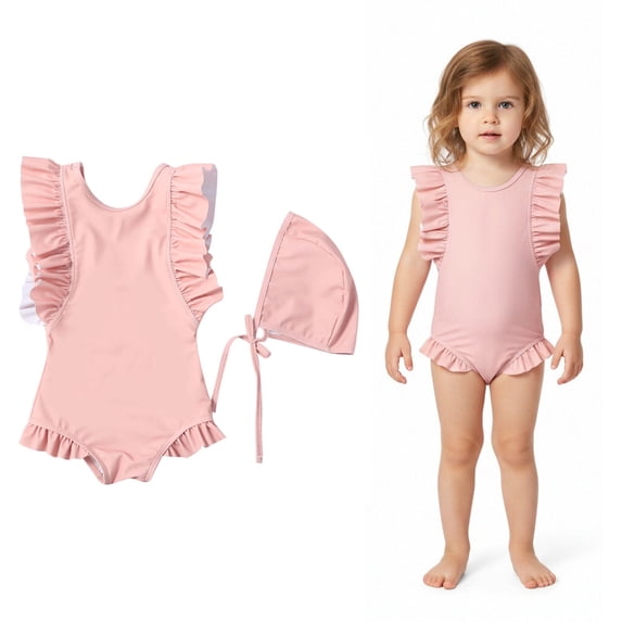 Girl Swimsuits Ruffle 1 Piece Bathing Suit Quick Dry Beach Swimwear with Swim Cap Bathing Suits for Toddler 2-3 Years