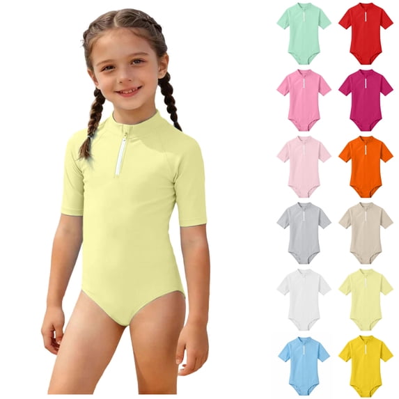 Girl Swimsuits Short Sleeve 1 Piece Bathing Suit Sun Protection Summer Swimwear Rashguard Swim Suits for Girls 10-11 Years
