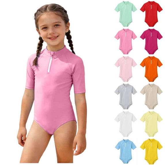 Girl Swimsuits Short Sleeve 1 Piece Swimming Suits Sun Protection Swimwear Rash Guard Girls 1 Piece Swimsuit 12-13 Years