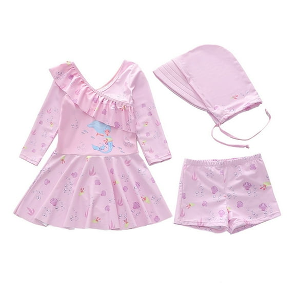 Girl Swimsuits Two Pieces Long Sleeve Cute Ruffle Tankini Skirts Shorts with Cap 2026 Summer Beach Vacation Bathing Suits