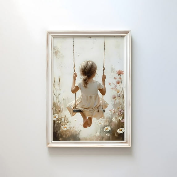 Girl On A Swing Print, Vintage Nursery Art, Rustic Nursery Decor, Girly Wall Art, Wildflower Kids' Room Decor, Decor For Living Room Bedroom, 8x12 UNFRAMED