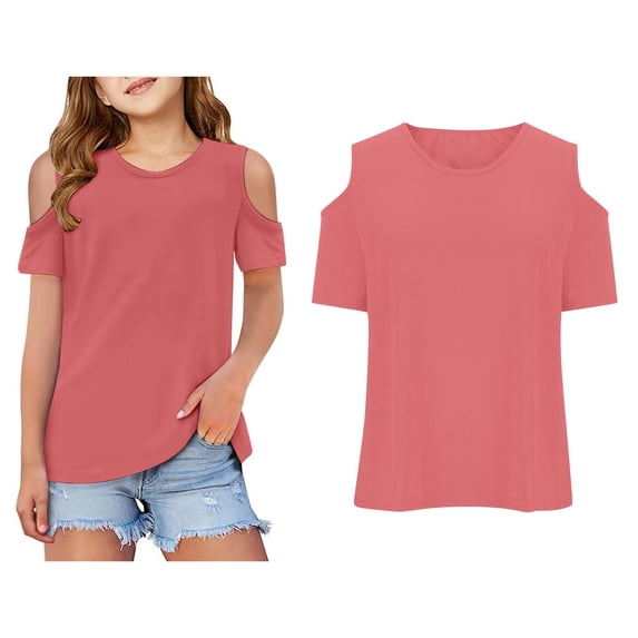 Girl T Shirts Crew Neck Short Sleeve Girls Cold Shoulder T Shirt Basic Plain Girls Summer Clothes 3-4 Years