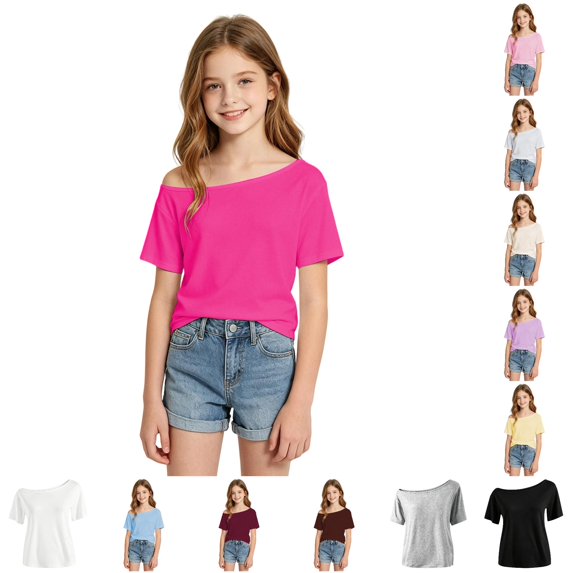 Girl T Shirts Short Sleeve Off Shoulder Shirts Basic Plain 10-11 Years Girls Clothes
