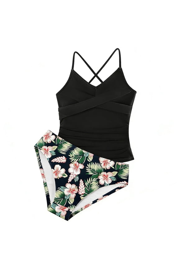 Girl Tankini Swimsuits with Shorts Girl Swim Top Size 7 Tropical Print Two Piece Bathing Suit Adjustable Straps Padded Swimwear, Size 15-16 Years,Blck