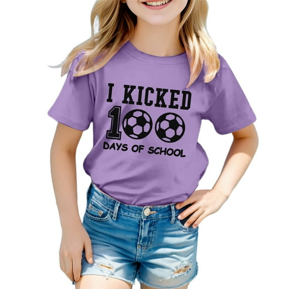 Girl Top Letter Graphic Printed 100 Days of School T Shirt Relaxed Fit Breathable Loose Fit Comfort Children's Shirts, Size 4 Years