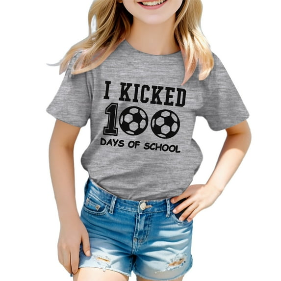 Girl Top Letter Graphic Printed 100 Days of School T Shirt Relaxed Fit Breathable Loose Fit Comfort Children's Shirts, Size 6 Years