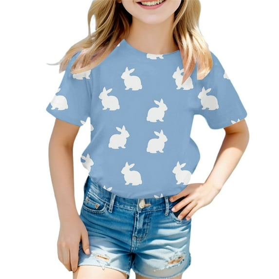 Girl Tops 5t Cartoon Letter Print Round Neck Short Sleeve T Shirts Casual Girls Summer Tops T-Shirts 4-5Y(Blue)