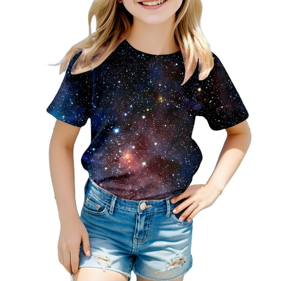Girl Tops 5t Cartoon Print Short Sleeve T Shirts Crew Neck Funny Sports T-Shirt Girls Summer Tops T-Shirts Gold,12-13 Years
